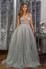 Tulle A Line Sparkle Silver V Neck Sequin Prom Dress
