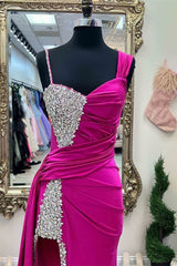 Sweetheart Fuchsia Beading Straps Prom Dress With Slit