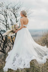Appliques Spaghetti Straps Two Piece Lace Wedding Dress