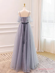 Spaghetti Straps Backless Gray Tulle Bow Long Prom Dress