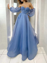 Blue Off the Shoulder Pleats Long Prom Dress