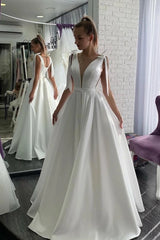 A Line Satin Bow Sexy Sheer Neck Wedding Dress