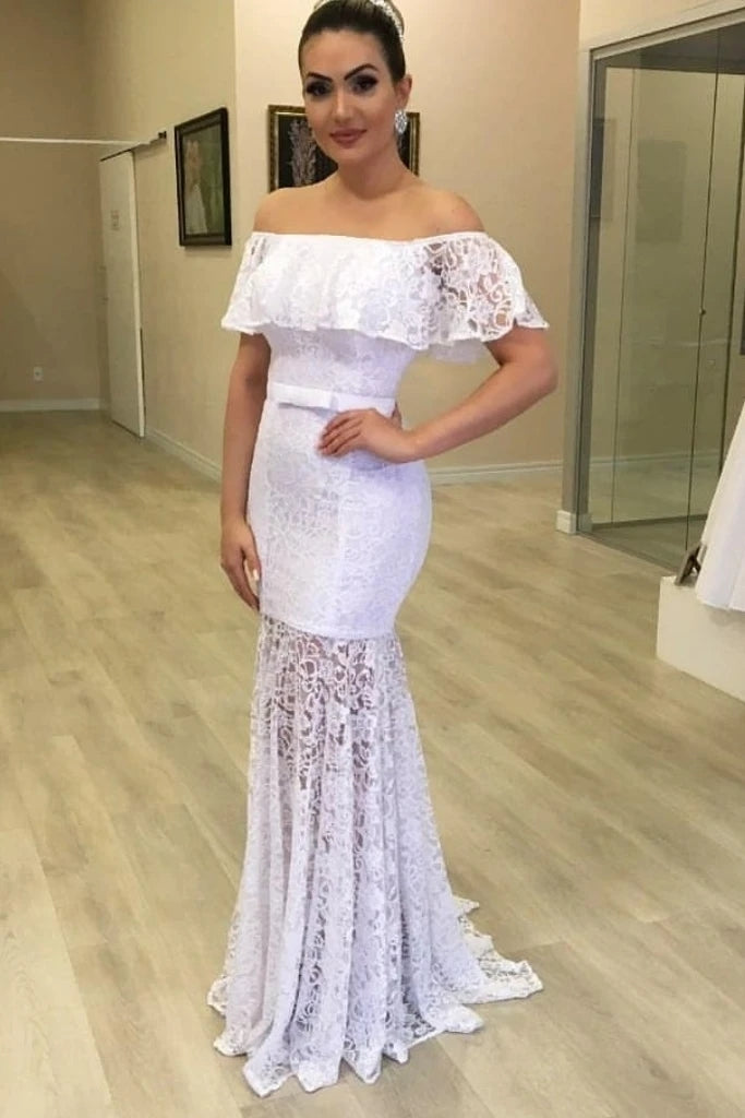 Tulle Sheath Column See Through Off The Shoulder Lace Wedding Dress