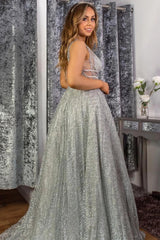 Tulle A Line Sparkle Silver V Neck Sequin Prom Dress