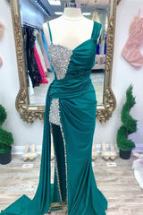 Sweetheart Fuchsia Beading Straps Prom Dress With Slit