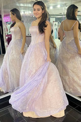 Pink Spaghetti Straps Sparkle Tulle A-Line Prom Dress