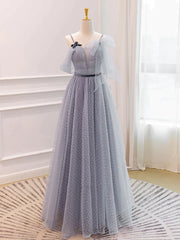 Spaghetti Straps Backless Gray Tulle Bow Long Prom Dress