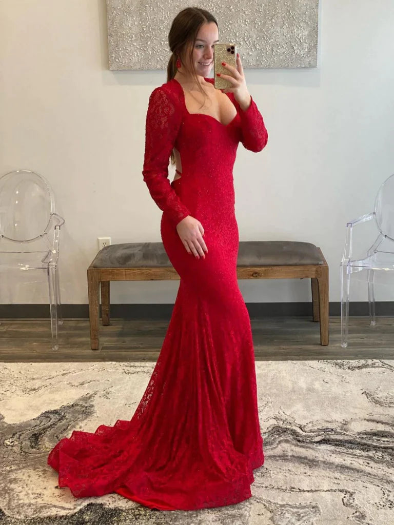 Long Sleeve Mermaid Red Keyhole Back Lace Prom Dress