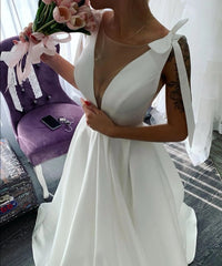 A Line Satin Bow Sexy Sheer Neck Wedding Dress
