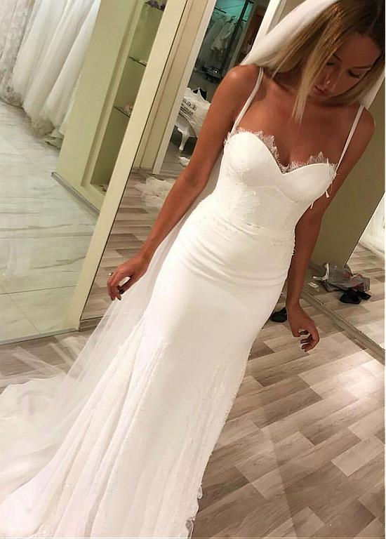 Chiffon Spaghetti Straps Sheath Column Wedding Dress With Belt