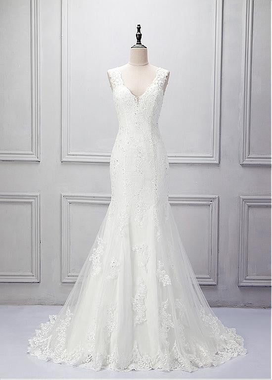 Elegant Tulle V-neck Neckline Mermaid Wedding Dress With Beaded Lace Appliques