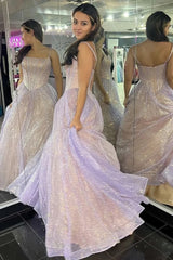 Pink Spaghetti Straps Sparkle Tulle A-Line Prom Dress