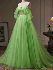 Green Tulle Beading Off Shoulder Sparkle Prom Dress