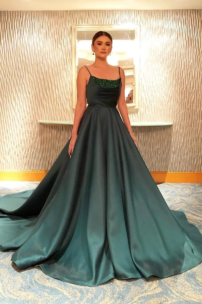 Satin Beading Sweep Train Spaghetti Straps Dark Green Prom Dress