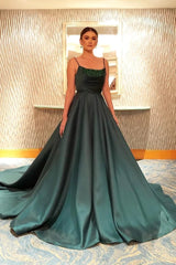 Satin Beading Sweep Train Spaghetti Straps Dark Green Prom Dress