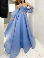 Blue Off the Shoulder Pleats Long Prom Dress