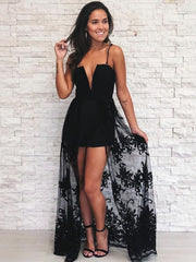 A Line V Neck Spaghetti Straps Lace Black Prom Dress