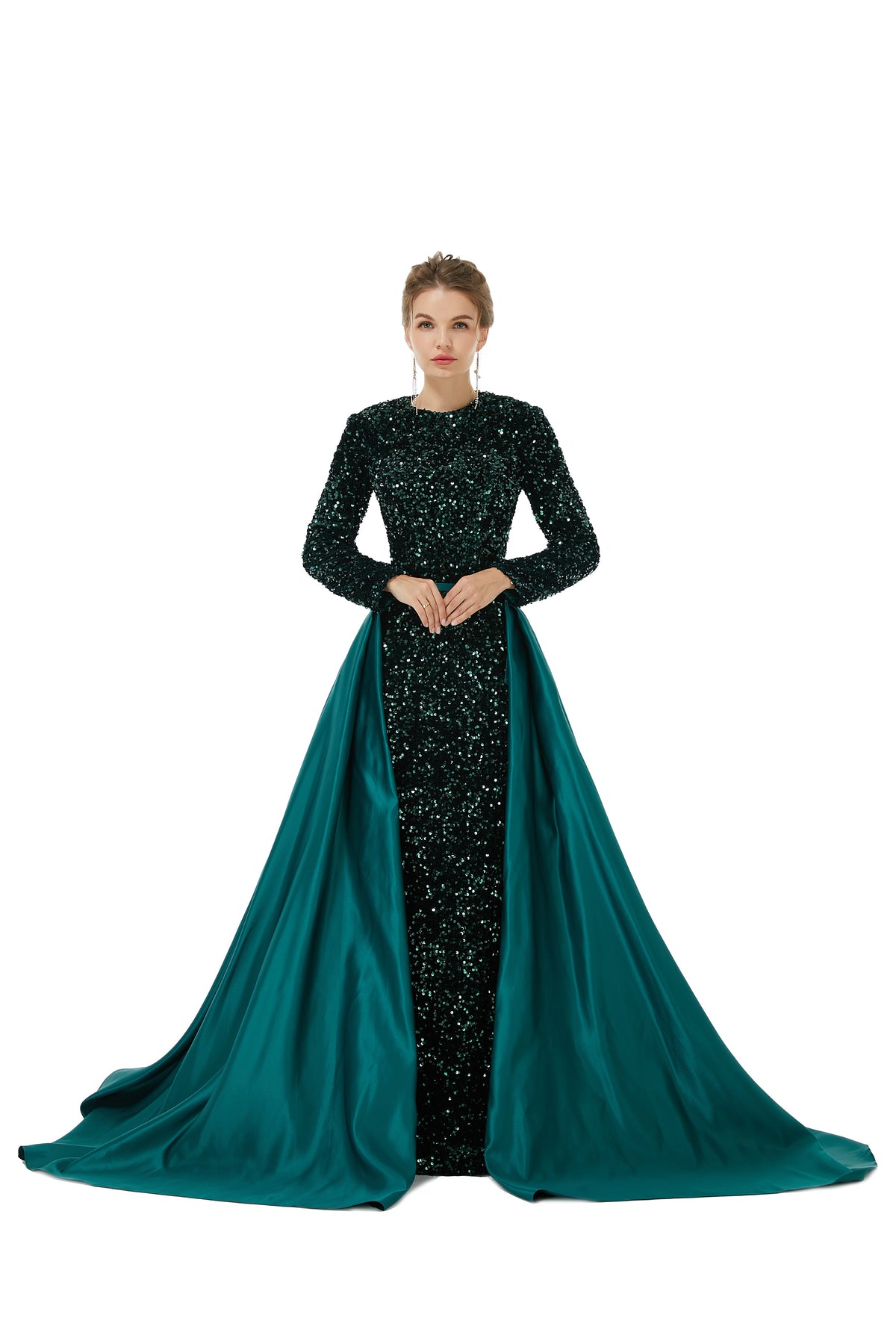 Green Long Sleeves Scoop Trumpet Mermaid Sparkle Sequin Prom Dress