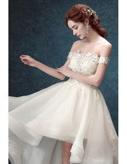 Off-the-shoulder Lace Up High Low Ruffles Tulle Wedding Dress
