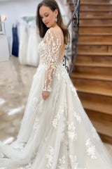 Open Back Long Sleeve Appliques A Line Sheer Wedding Dress