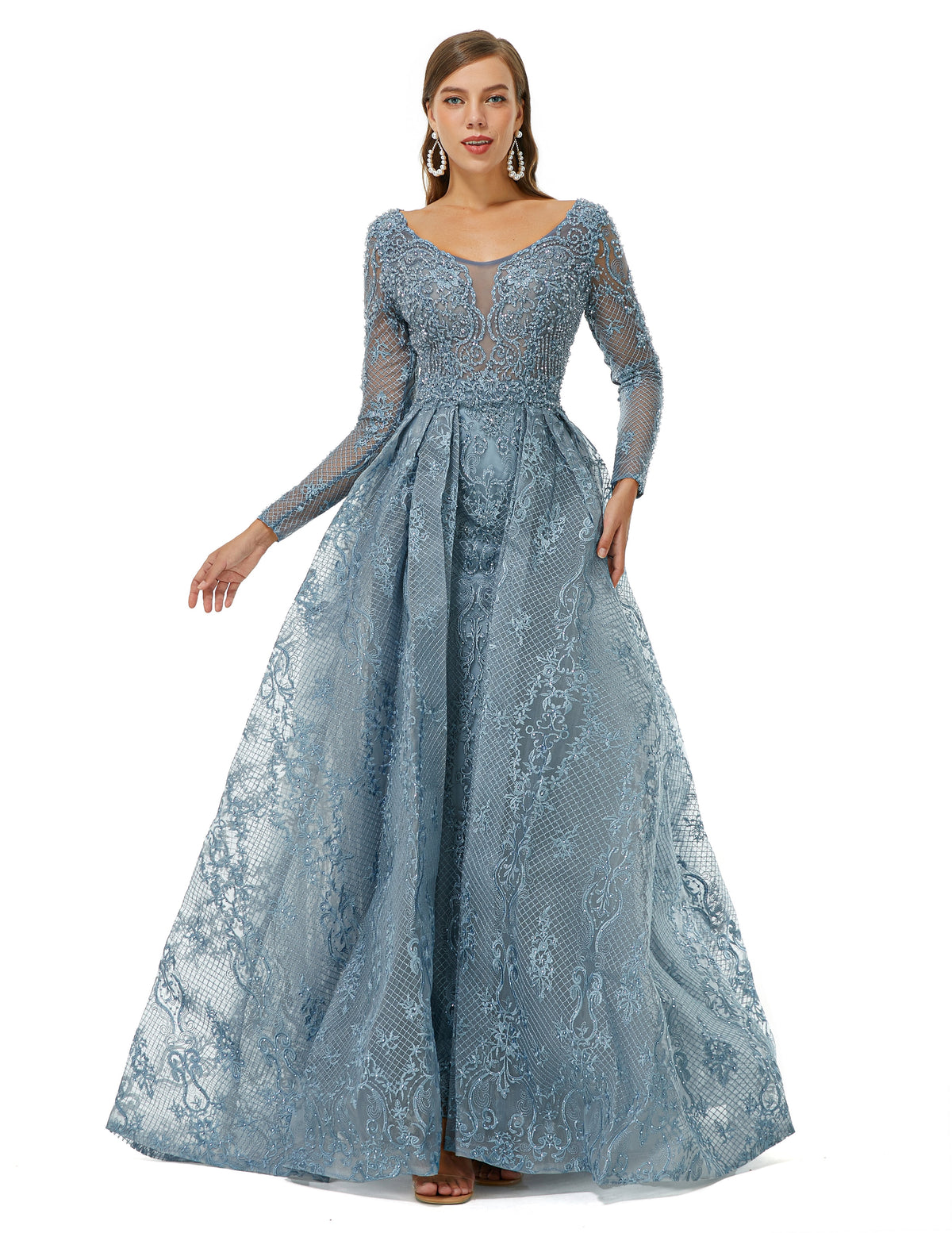 Gray Long Sleeves Scoop Lace A Line Detachable Train Prom Formal Dress