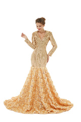 Champagne Sequin V Neck Long Sleeve Trumpet Mermaid Prom Formal Dress