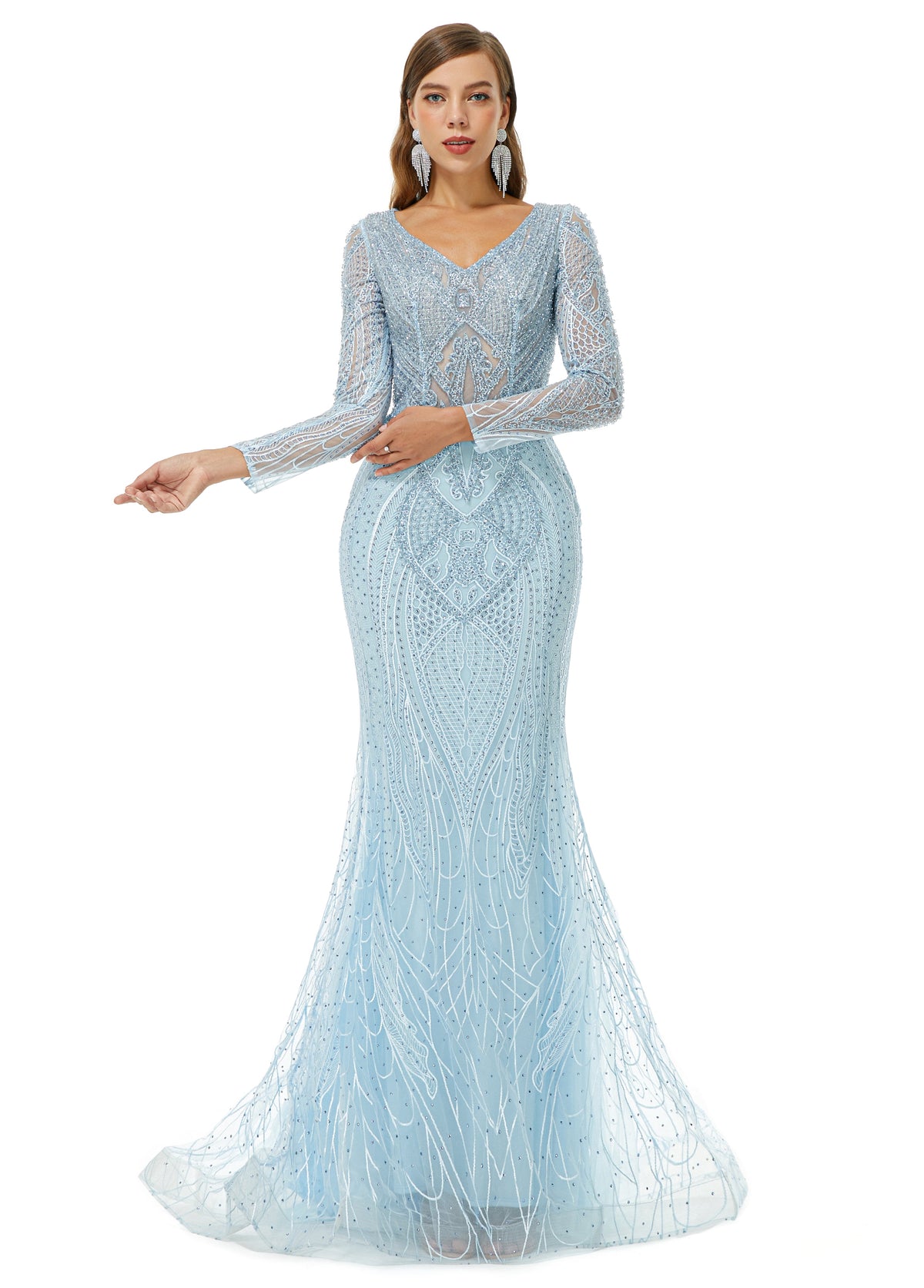 Mint V Neck Trumpet Mermaid Beading Bling Bling Prom Formal Dress