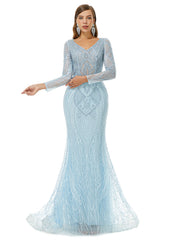 Mint V Neck Trumpet Mermaid Beading Bling Bling Prom Formal Dress