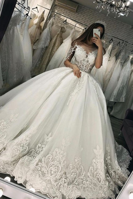 Half Sleeves Ball Gown Beading Appliques Sweep Train Tulle Wedding Dress