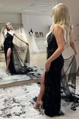 Black Sequin One Shoulder Prom Dress With Detachable Train