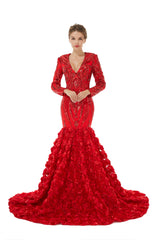 Red Long Sleeves 3D Rose Flowers Trumpet Mermaid Formal Prom Dress