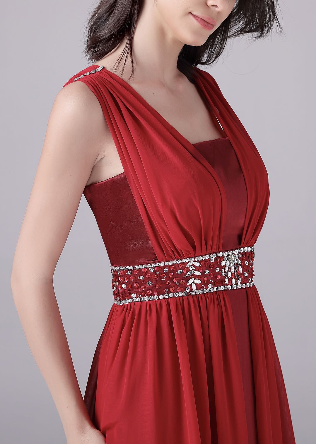 Red Long Boat Neck Satin & Chiffon A Line Beading Prom Dress