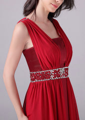 Red Long Boat Neck Satin & Chiffon A Line Beading Prom Dress
