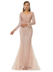Champagne V Neck Trumpet Mermaid Beading Bling Bling Prom Formal Dress