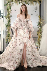 Printed Long Long Sleeves Prom Dress With Slit
