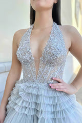 Red Tulle Mesh V Neck Ruffles Prom Dress