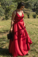 A Line V NeckOpen Back  Burgundy Long Prom Dress