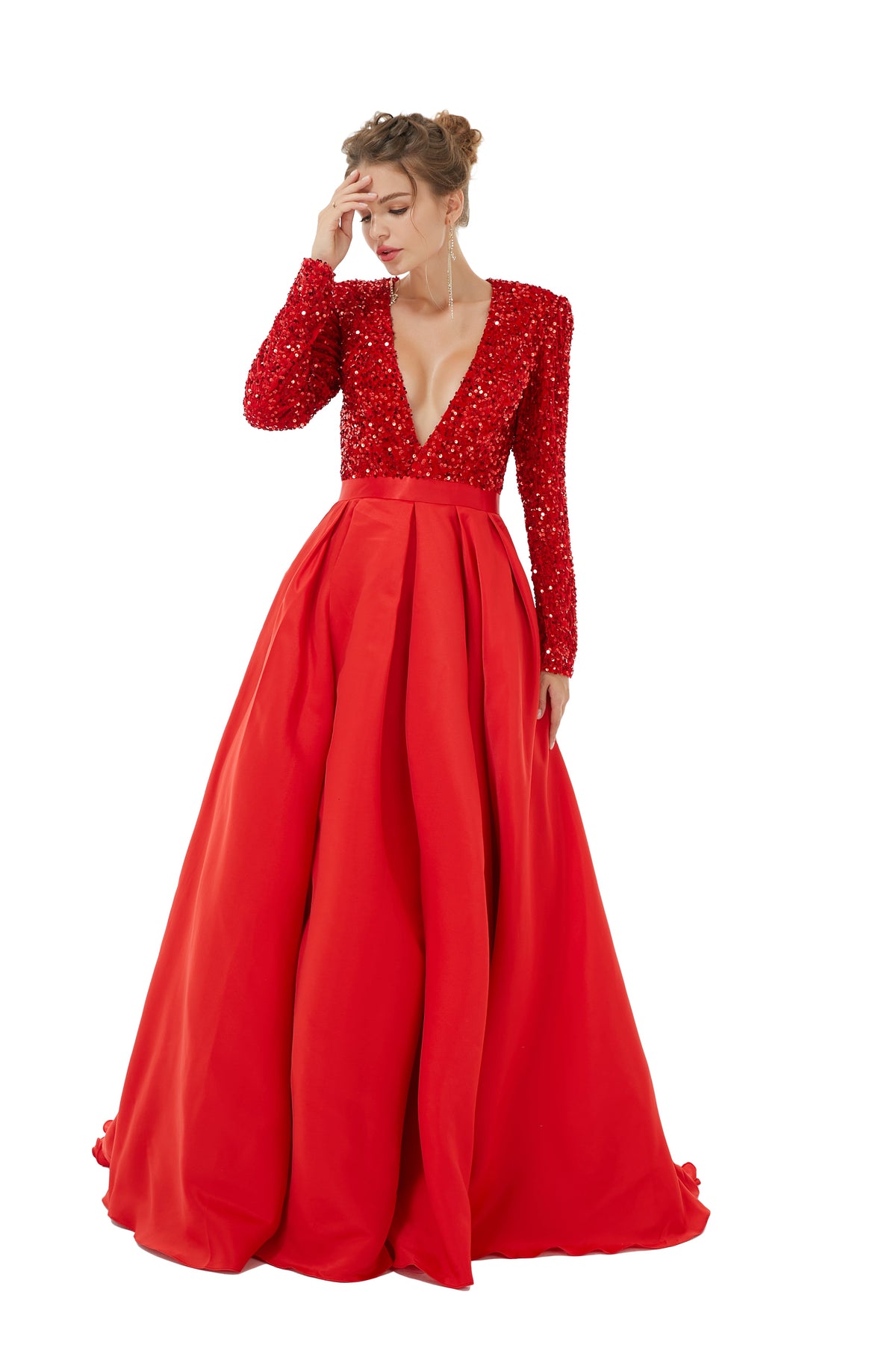 Red Long Sleeves Sequin & Satin A Line Sexy Prom Formal Dress