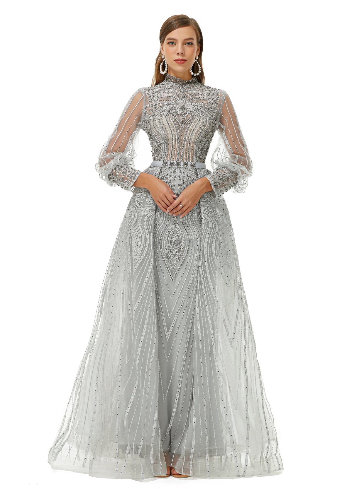 Gray Long Sleeves High Neck A Line Detachable Train Prom Formal Dress