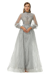 Gray Long Sleeves High Neck A Line Detachable Train Prom Formal Dress