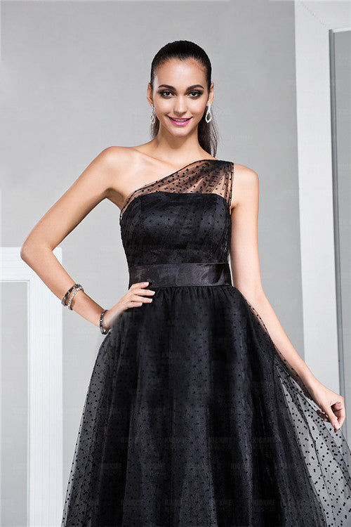 Black Tea Length One Shoulder Tulle Polka Dot Prom Formal Dress