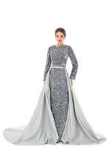 Silver Removable Train Long Sleeves Trumpet Mermaid Sparkle Sequin Prom Dress