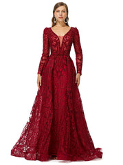 Burgundy Long Sleeves Tulle Beading Detachable Train Formal Prom Dress
