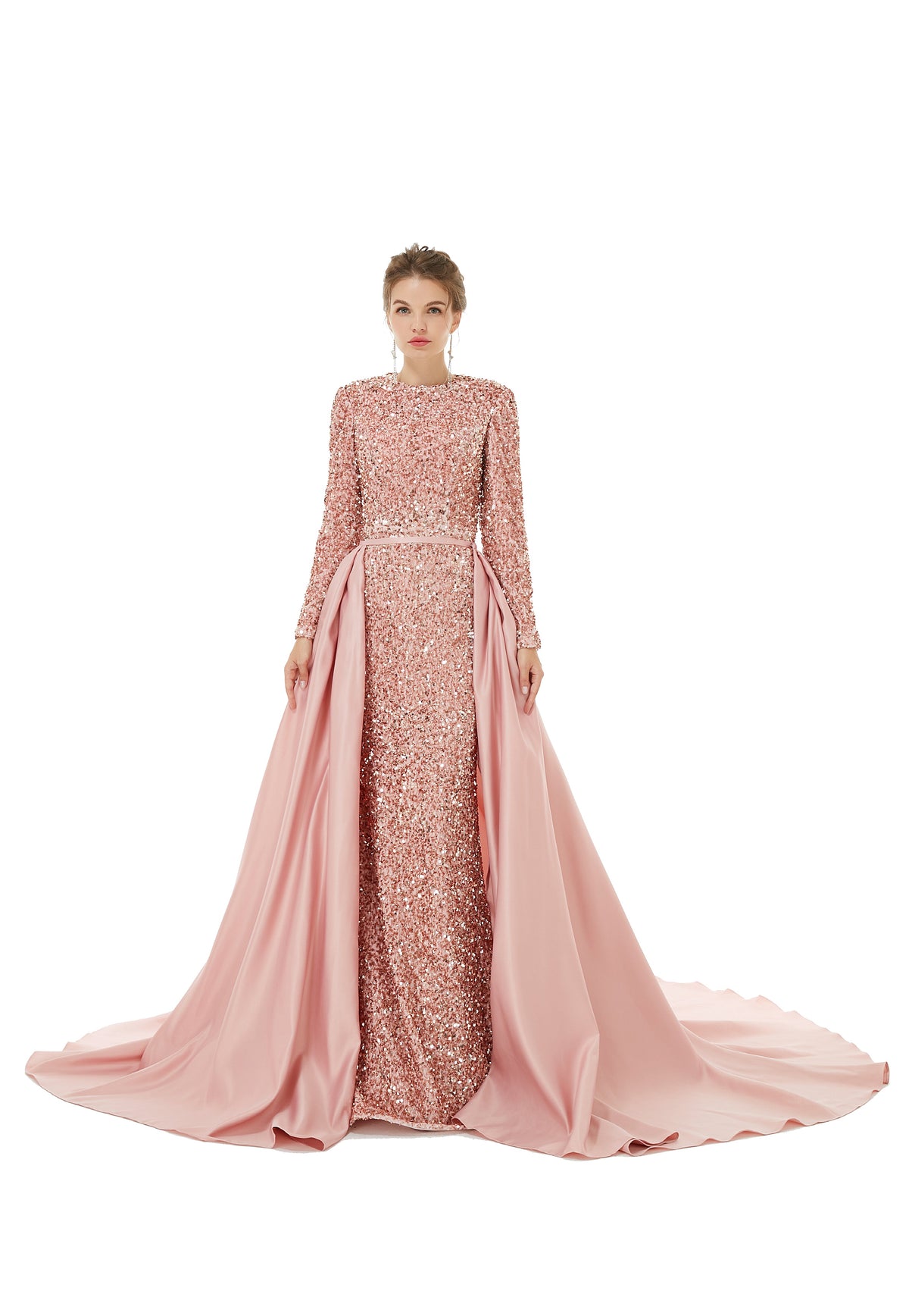 Rose Pink Long Sleeves Scoop Trumpet Mermaid Sparkle Sequin Prom Dress