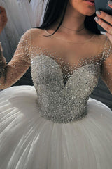 Luxury Long Sleeves Scoop Beading Sparkle Ball Gown Wedding Dress
