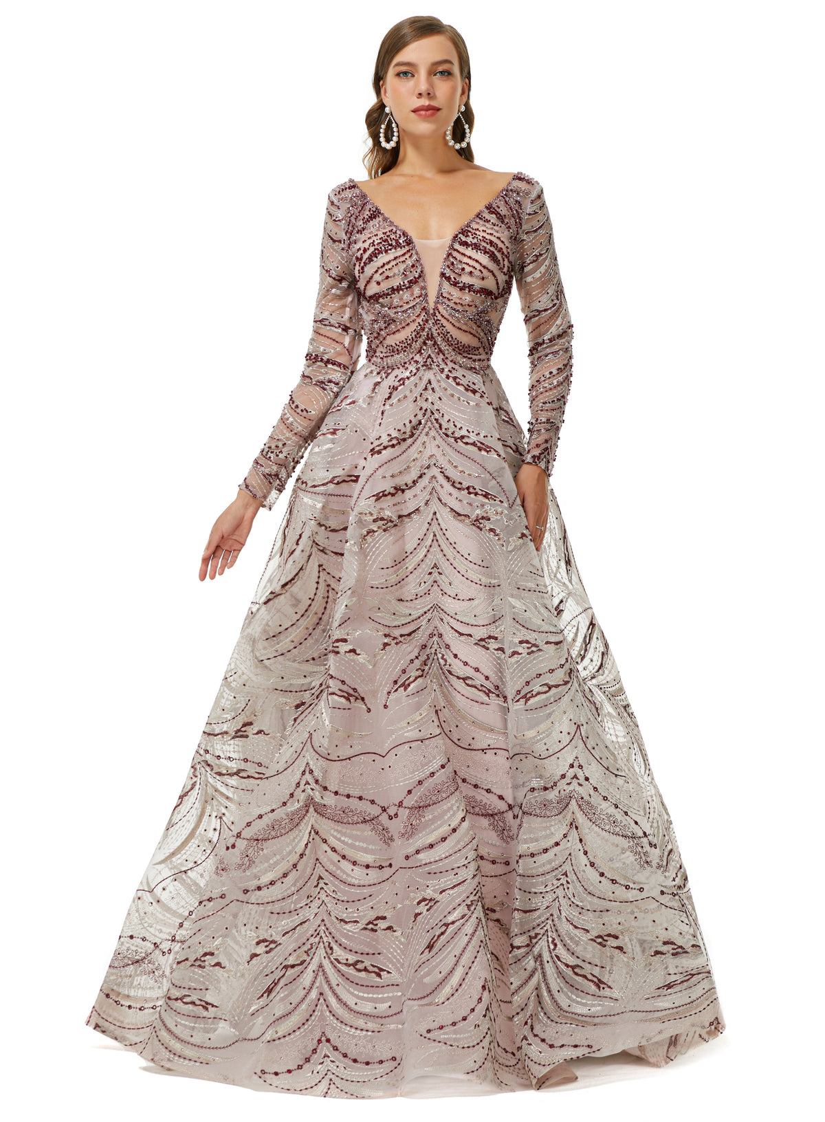 Long  Sleeves V Neck Lace A Line Detachable Train Prom Formal Dress