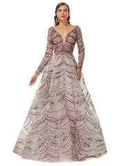 Long  Sleeves V Neck Lace A Line Detachable Train Prom Formal Dress