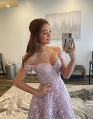 Pink Off The Shoulder Lace Long Prom Dress