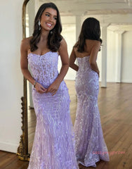 Mermaid Strapless Purple Sequin Prom Dress