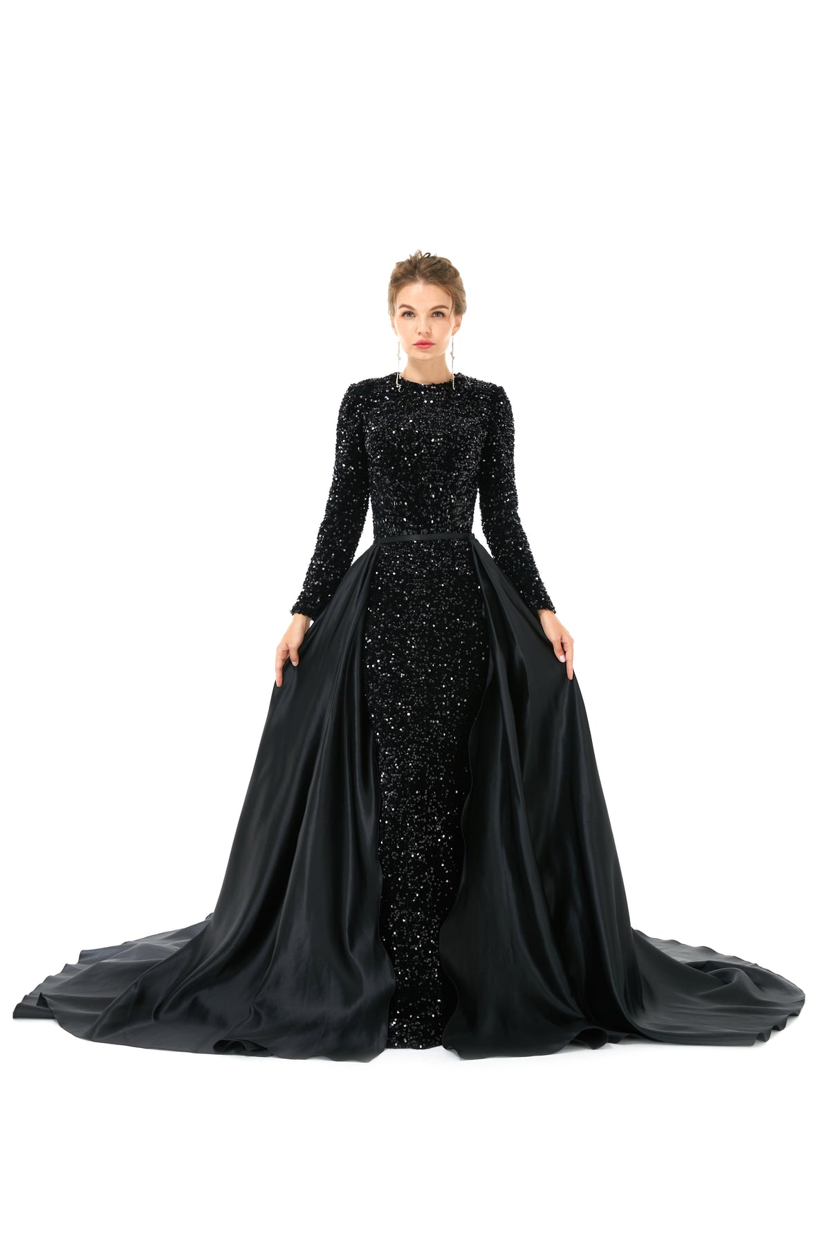Black Long Sleeves Scoop Trumpet Mermaid Sparkle Sequin Prom Dress